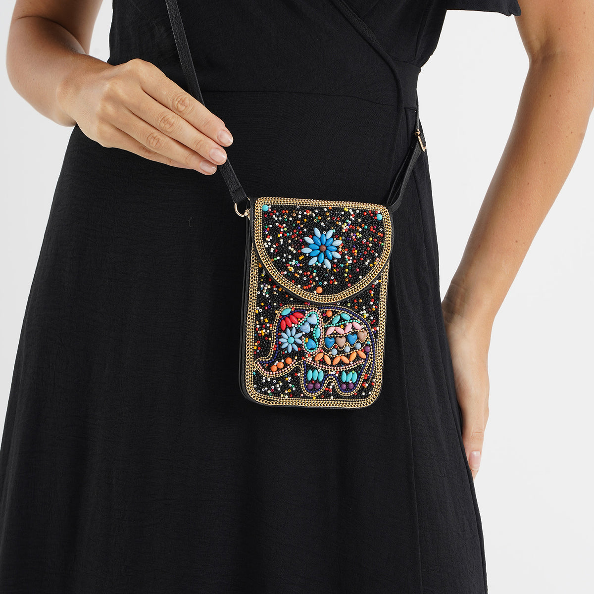 Multicolour Beaded Elephant Embroidery Phone Crossbody Bag with Adjustable Strap - Black V32754972 3