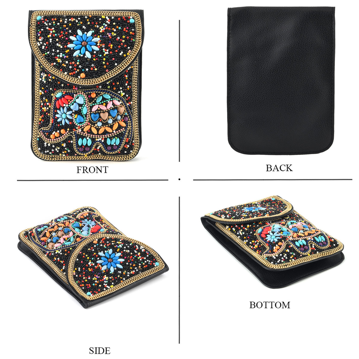 Multicolour Beaded Elephant Embroidery Phone Crossbody Bag with Adjustable Strap - Black V32754972 4