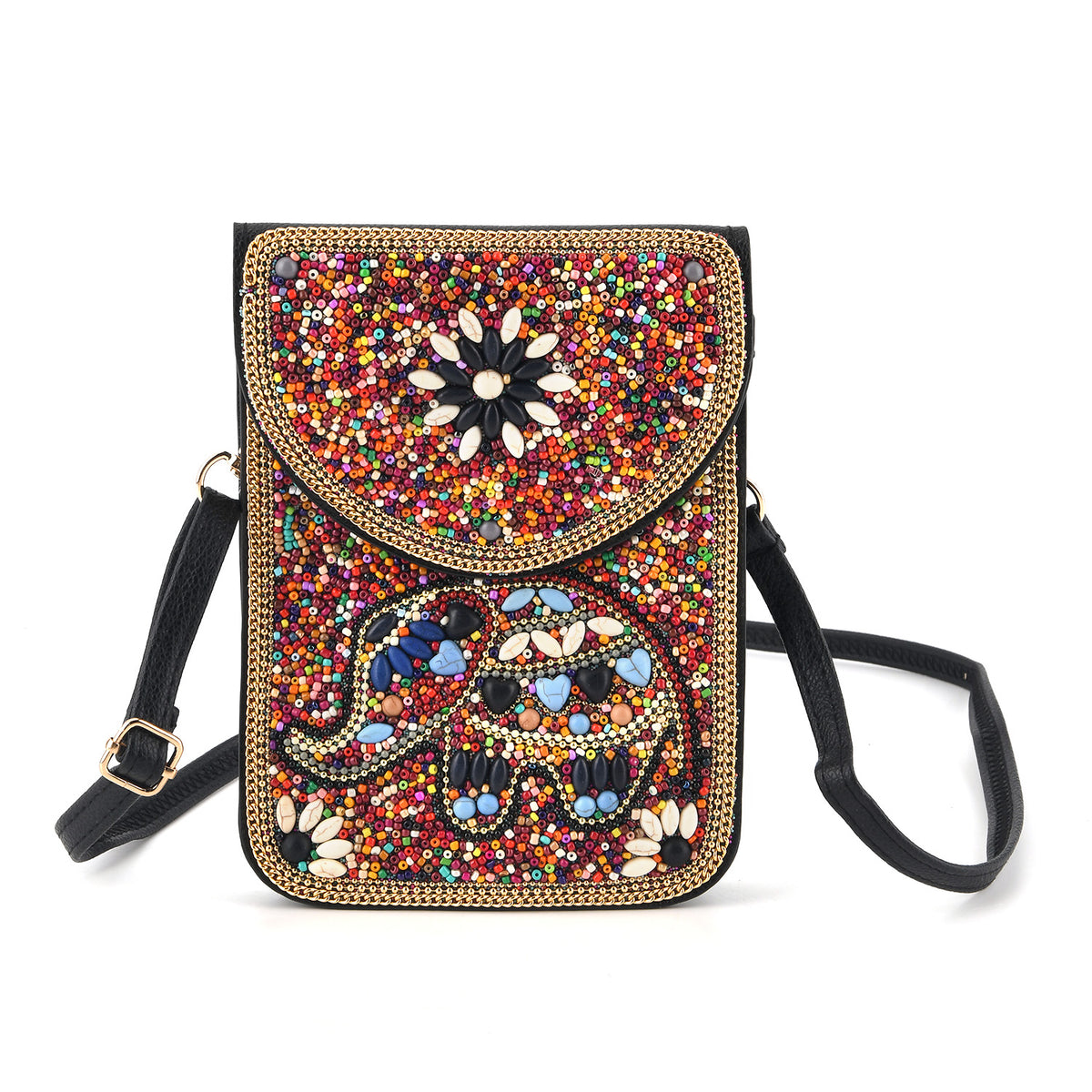 Multicolour Beaded Elephant Embroidery Phone Crossbody Bag with Adjustable Strap V32747666 0