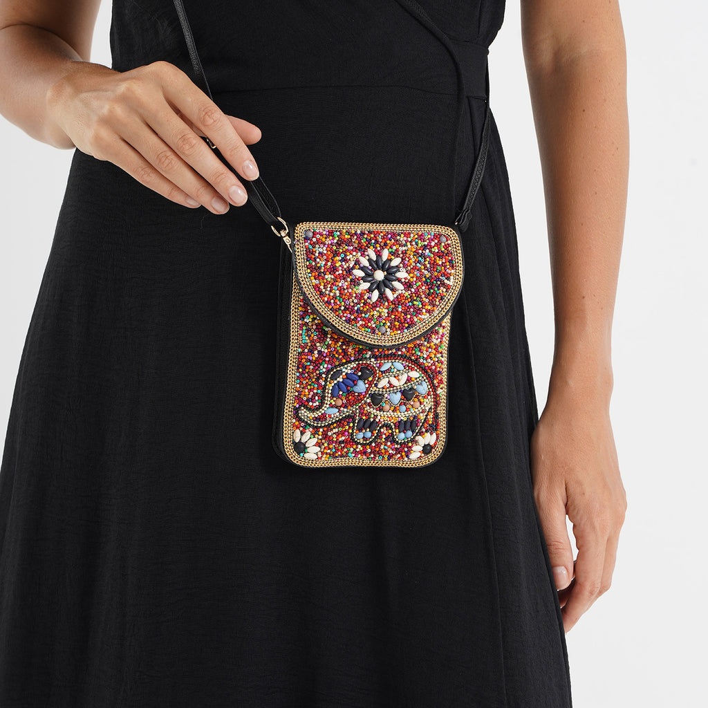 Multicolour Beaded Elephant Embroidery Phone Crossbody Bag with Adjustable Strap_8574688_3