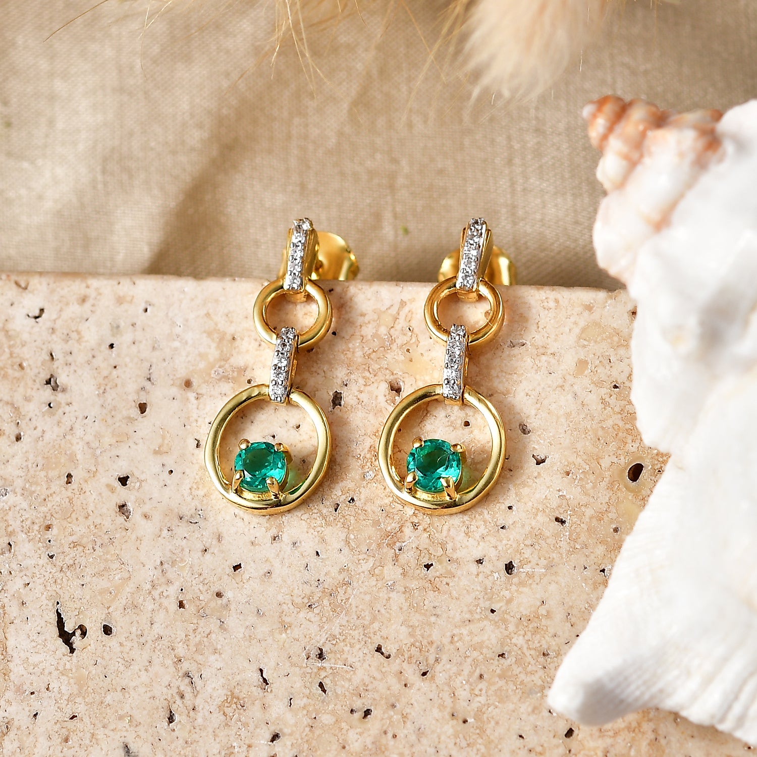 Luxuriant - AAA Lab Grown Columbian Emerald &amp; Lab Grown Diamond (SI/G-H) Dangling Earring with Push Back in 18K Vermeil Yellow Gold Plated Sterling Silver 0.60 Ct. V32514945 3