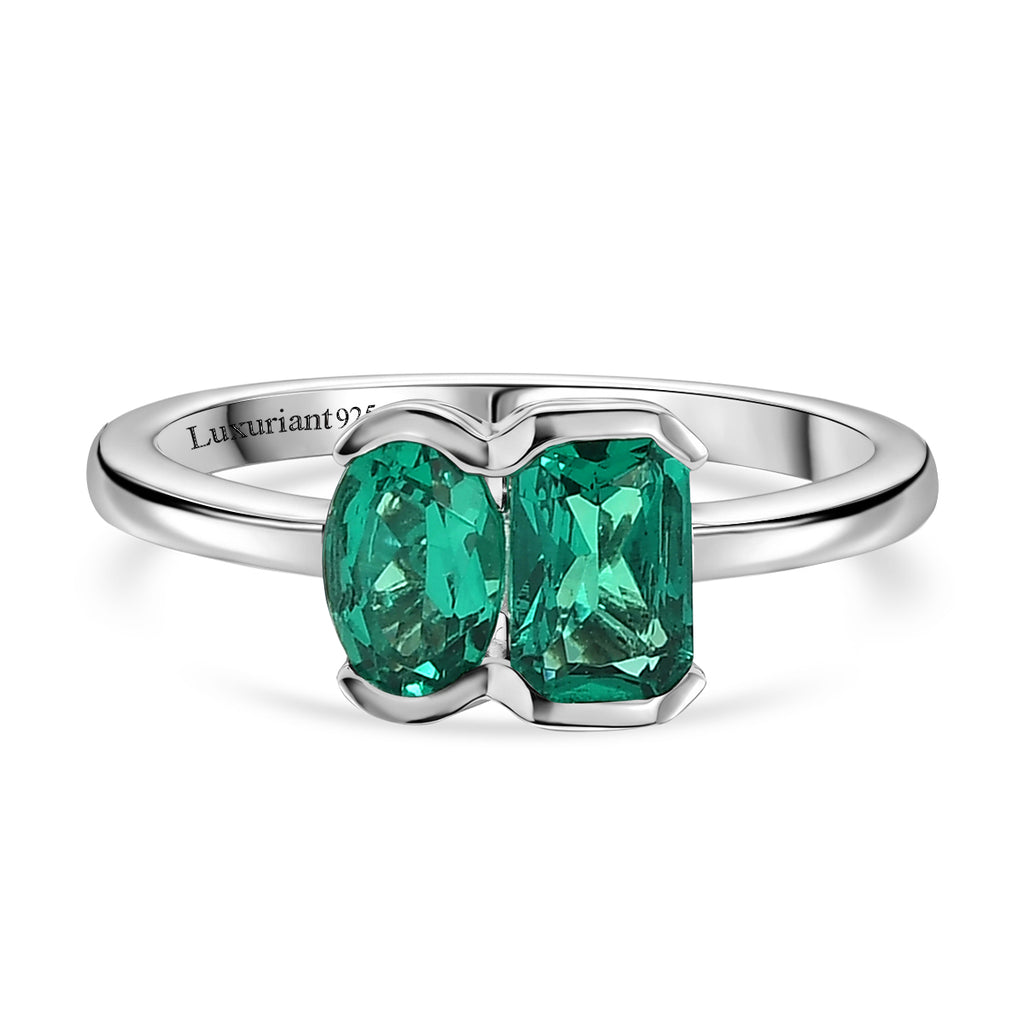 Luxuriant - AAA Lab Grown Columbian Emerald Toi-et-Moi Ring in Rhodium Overlay Sterling Silver_8574702
