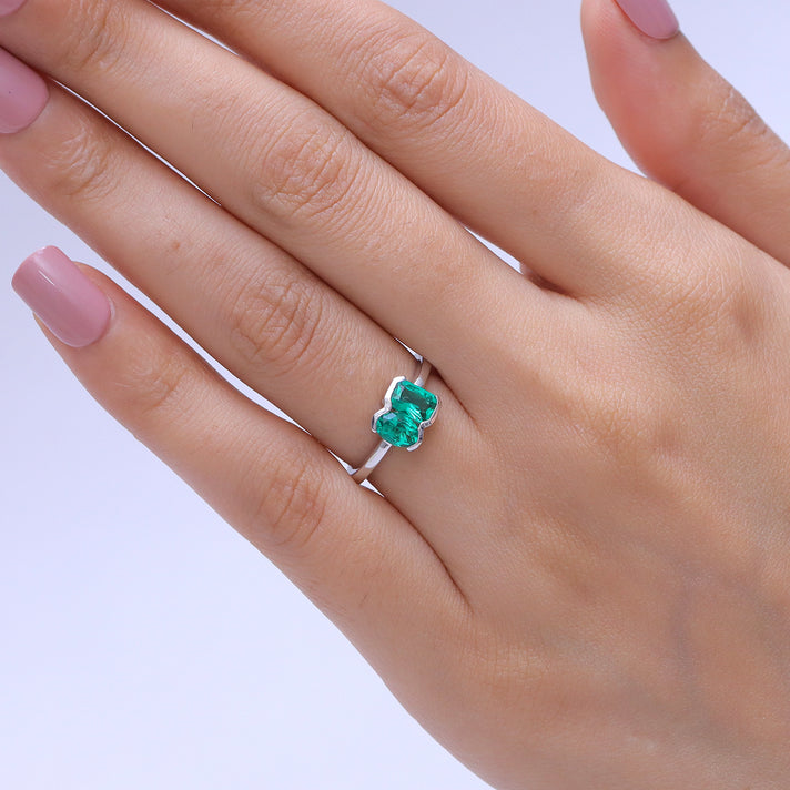 Luxuriant - AAA Lab Grown Columbian Emerald Toi-et-Moi Ring in Rhodium Overlay Sterling Silver 8574702 2
