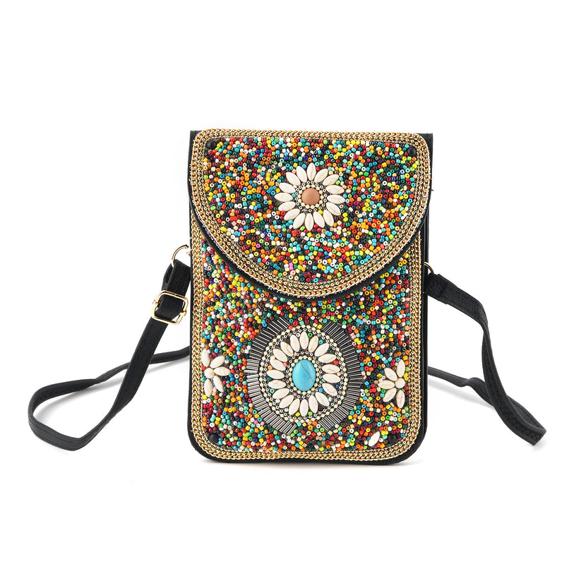 Multicolour Beaded Floral Embroidery Phone Crossbody Bag with Adjustable Strap_8574704