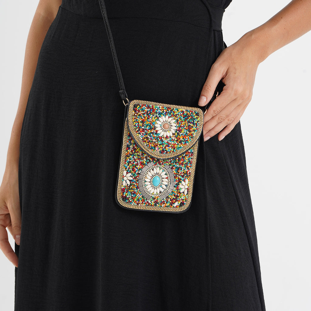 Multicolour Beaded Floral Embroidery Phone Crossbody Bag with Adjustable Strap_8574704_3
