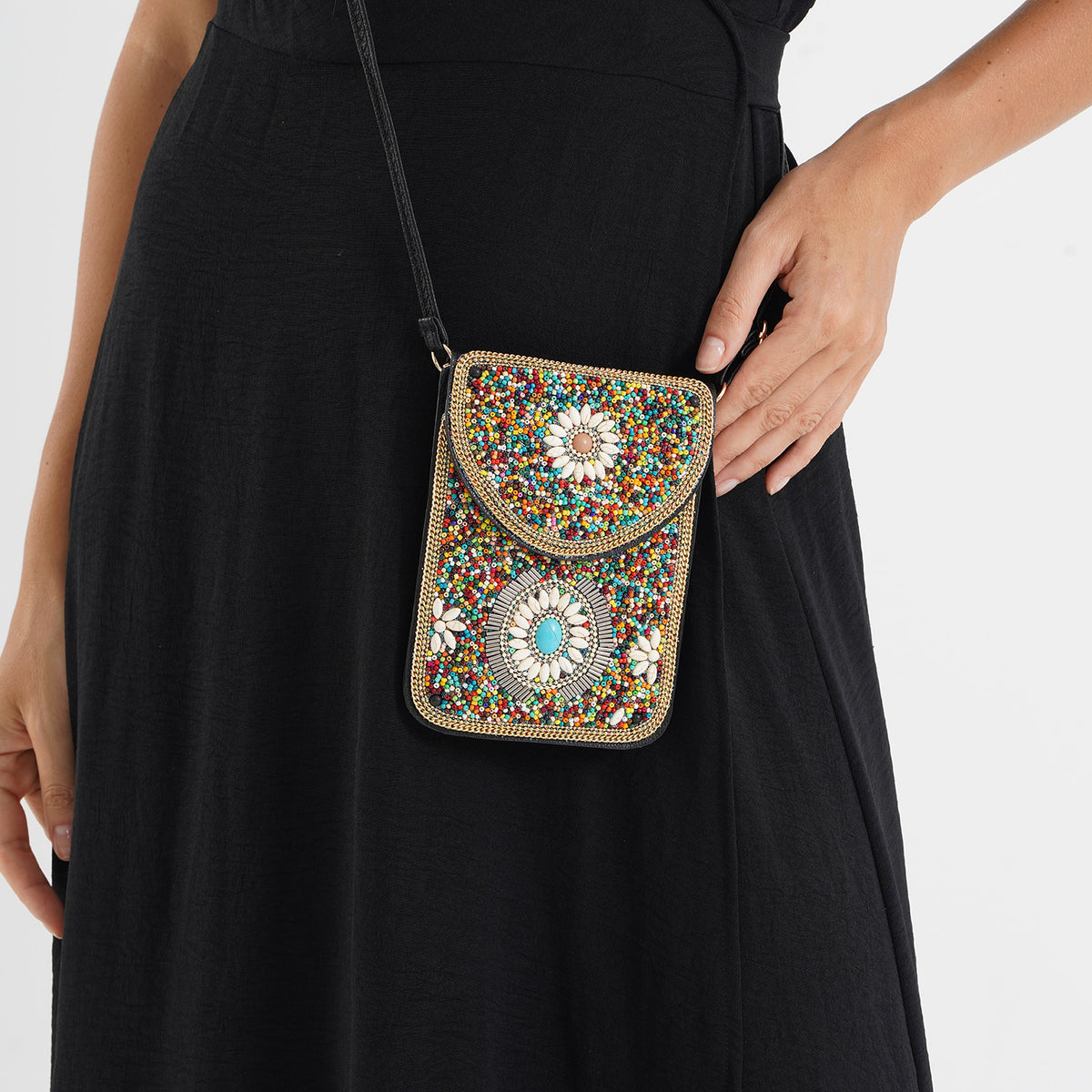 Multicolour Beaded Floral Embroidery Phone Crossbody Bag with Adjustable Strap V32745943 3