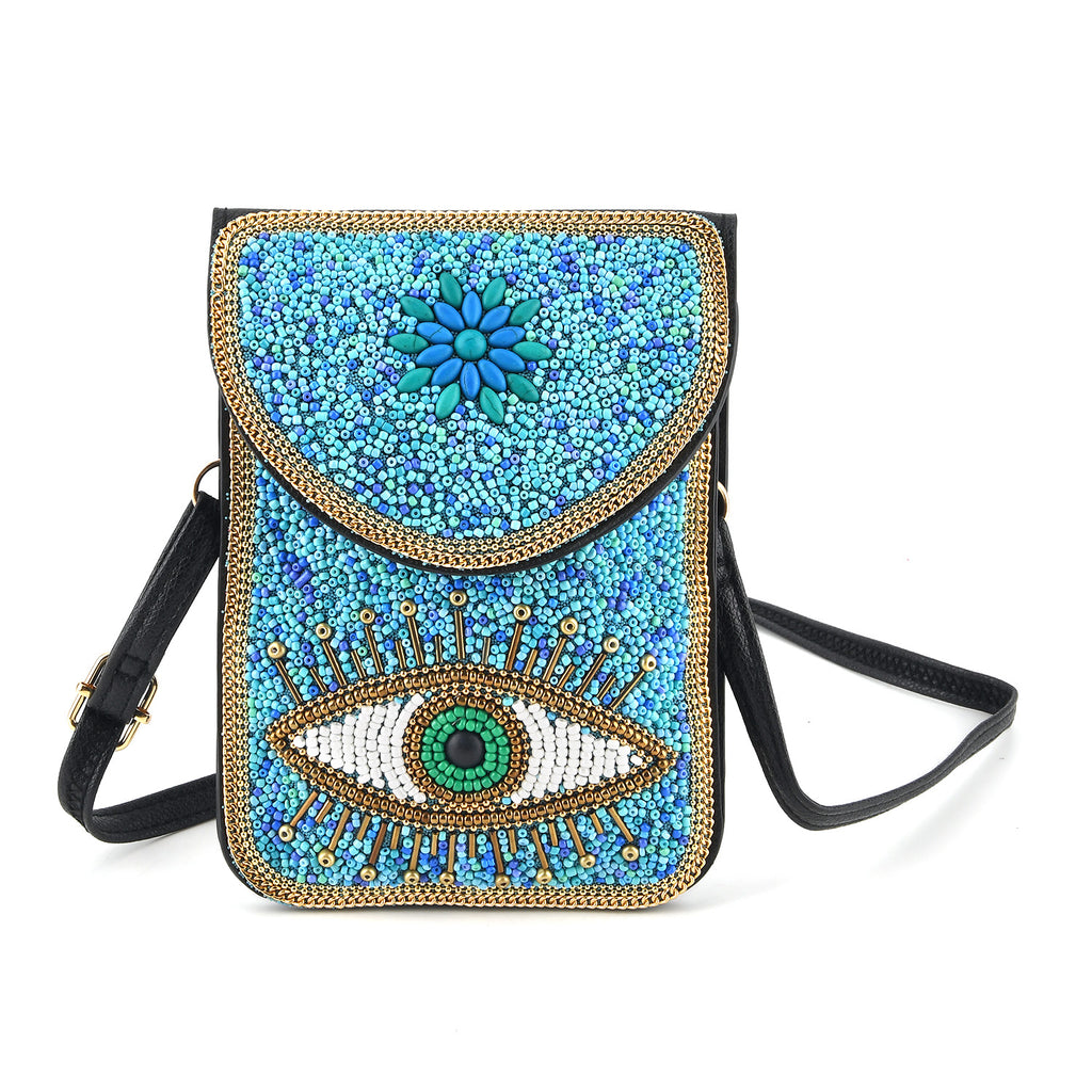 Evil Eye Beaded Phone Crossbody Bag with Adjustable Strap - Blue_8574706