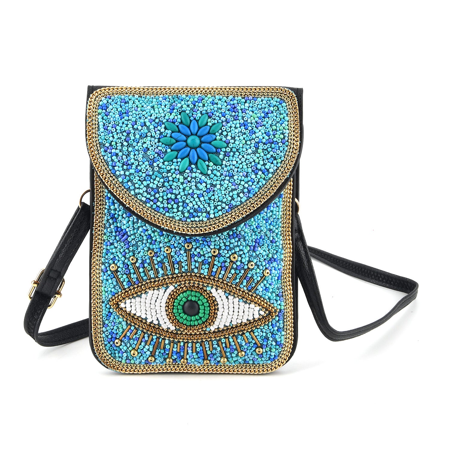 Evil Eye Beaded Phone Crossbody Bag with Adjustable Strap - Blue V32520232 0