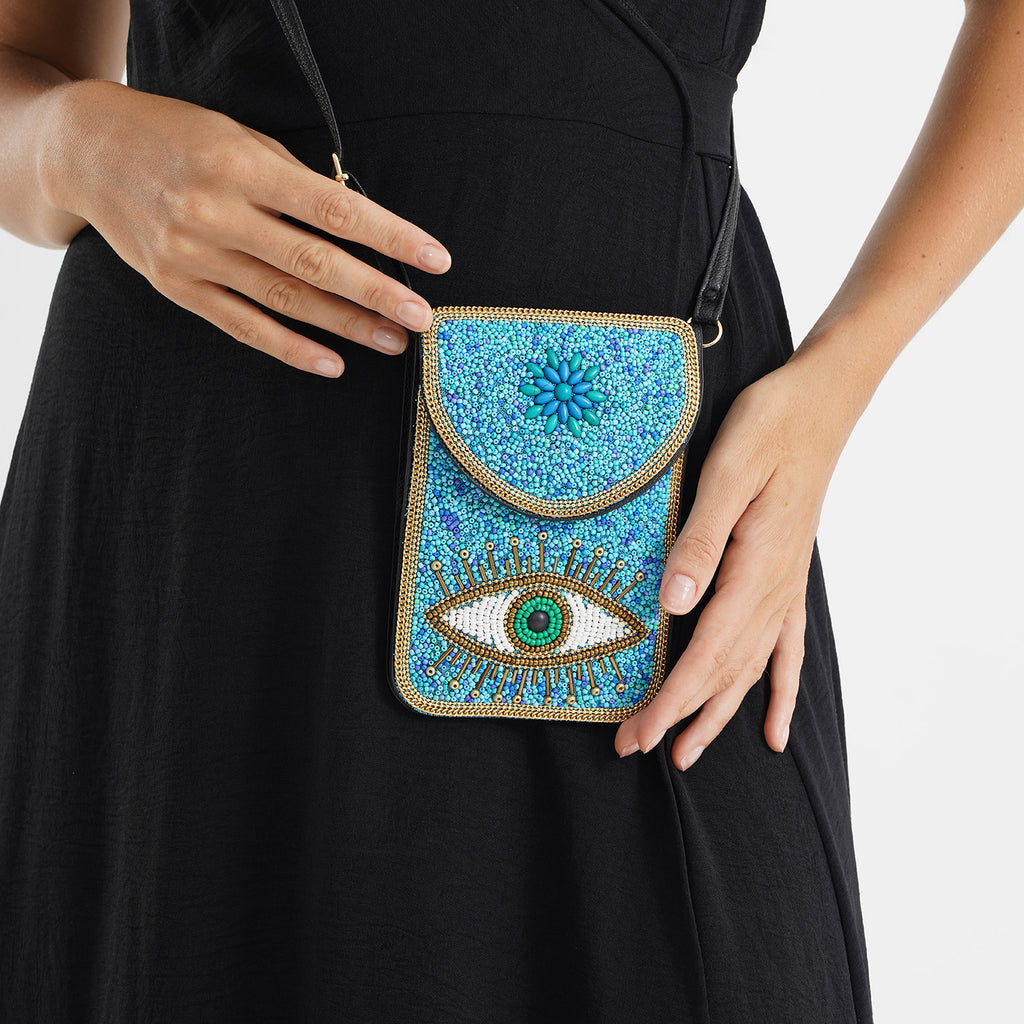 Evil Eye Beaded Phone Crossbody Bag with Adjustable Strap - Blue_8574706_3