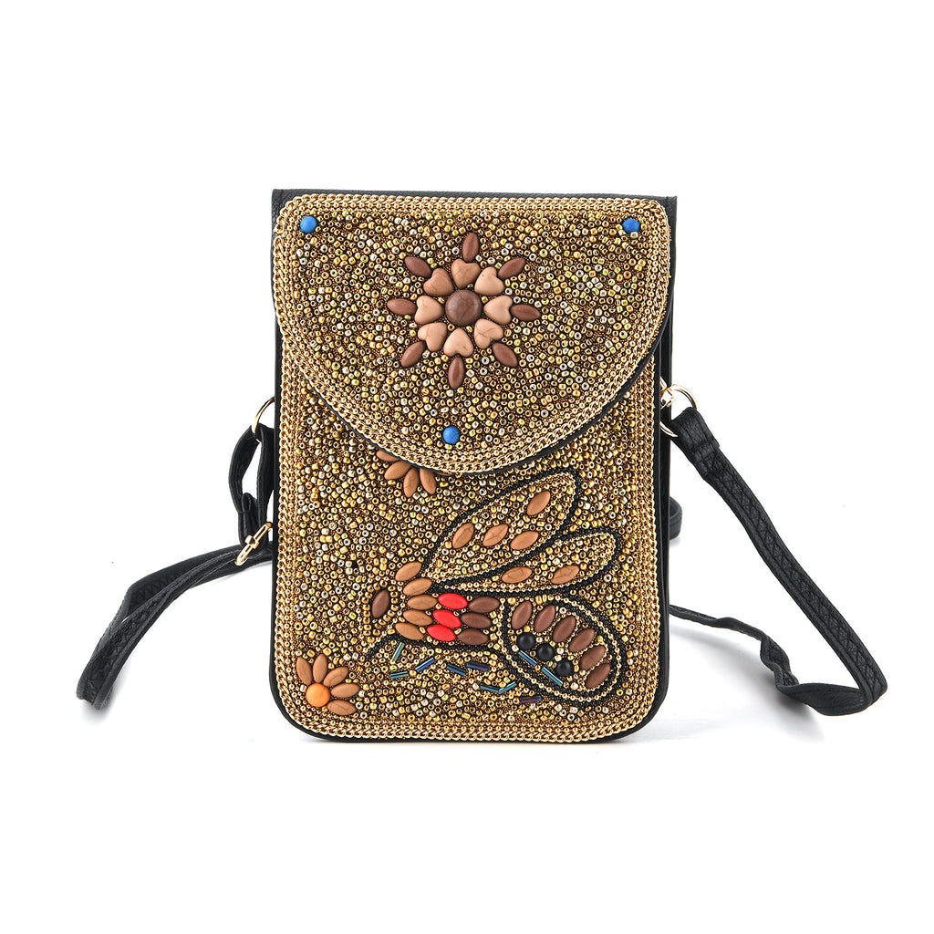 Multicolour Beaded Bee Pattern Embroidery Phone Crossbody Bag with Adjustable Strap - Gold_8574708