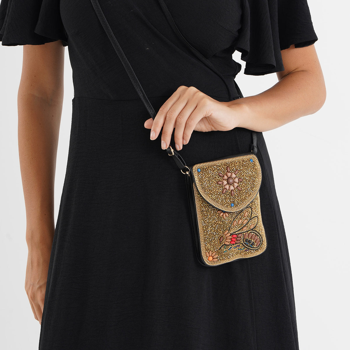 Multicolour Beaded Bee Pattern Embroidery Phone Crossbody Bag with Adjustable Strap - Gold V32747411 3