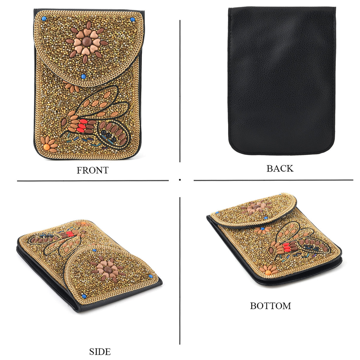 Multicolour Beaded Bee Pattern Embroidery Phone Crossbody Bag with Adjustable Strap - Gold V32747411 4