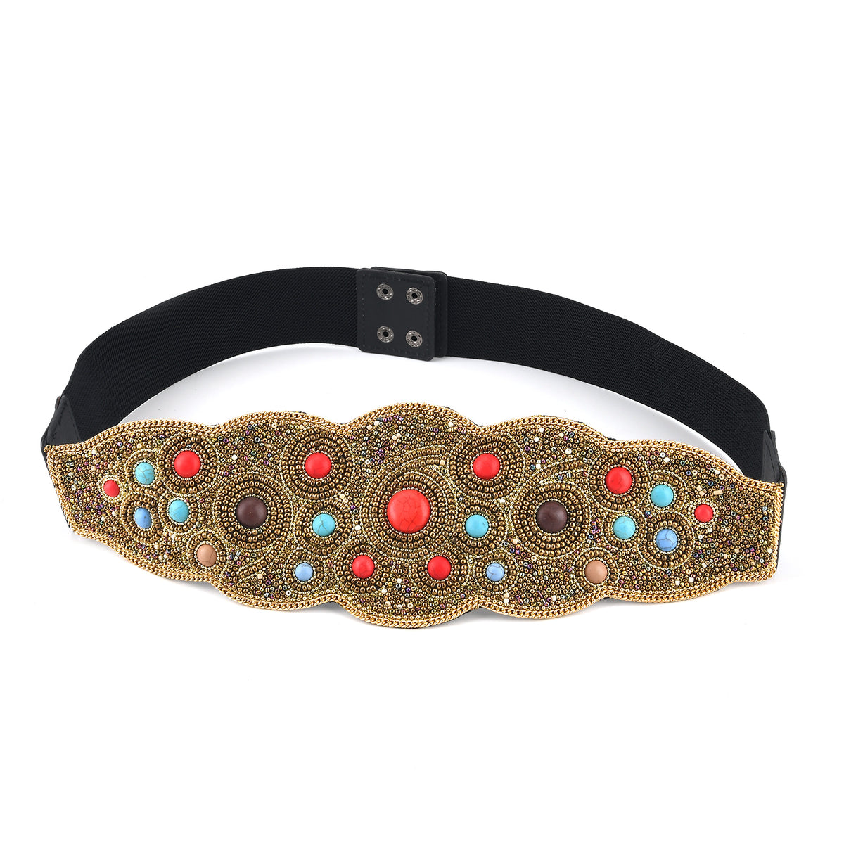 Vintage Gemstone Embellished Elasticated Stretch Waist Belt (100 cm) - Gold &amp; Multi-Colour V32576219 0