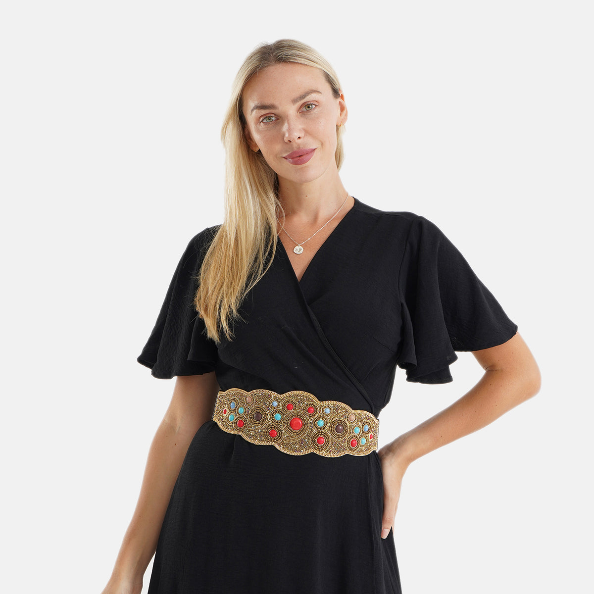 Vintage Gemstone Embellished Elasticated Stretch Waist Belt (100 cm) - Gold &amp; Multi-Colour V32576219 2