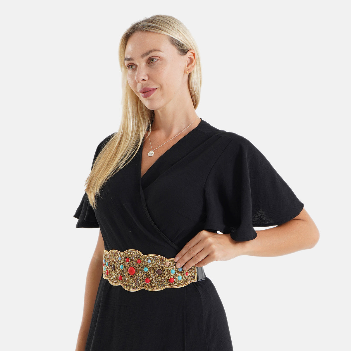Vintage Gemstone Embellished Elasticated Stretch Waist Belt (100 cm) - Gold &amp; Multi-Colour V32576219 3