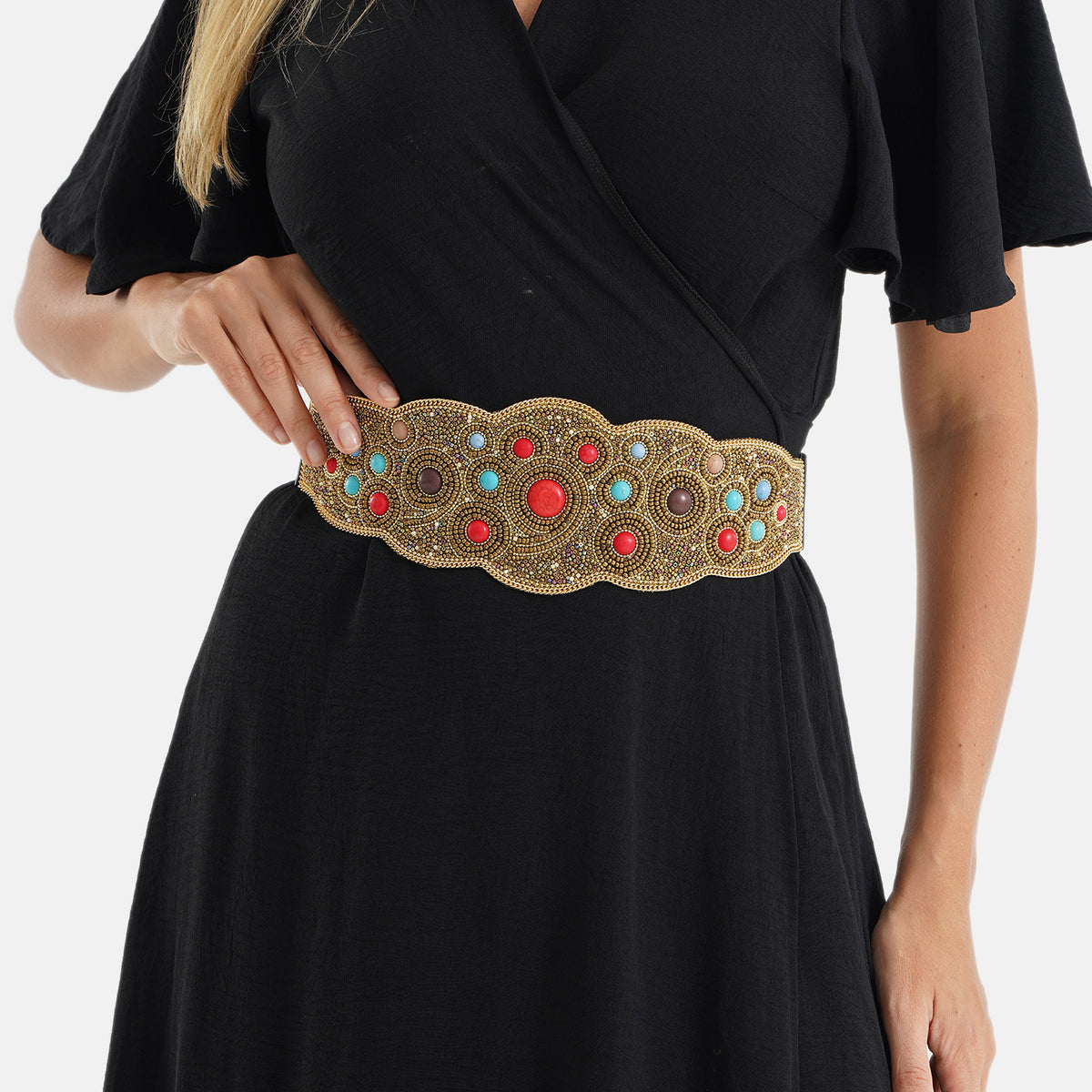 Vintage Gemstone Embellished Elasticated Stretch Waist Belt (100 cm) - Gold &amp; Multi-Colour V32576219 4