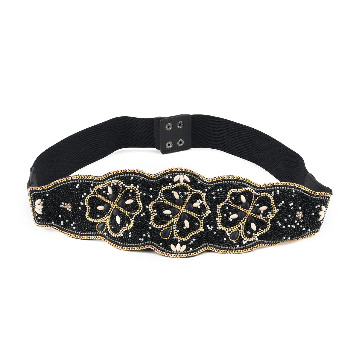 Vintage Multi-colour Stone Embellished Elasticated Stretch Waist Belt (100 cm) - Black, Gold &amp; White V32576220 0