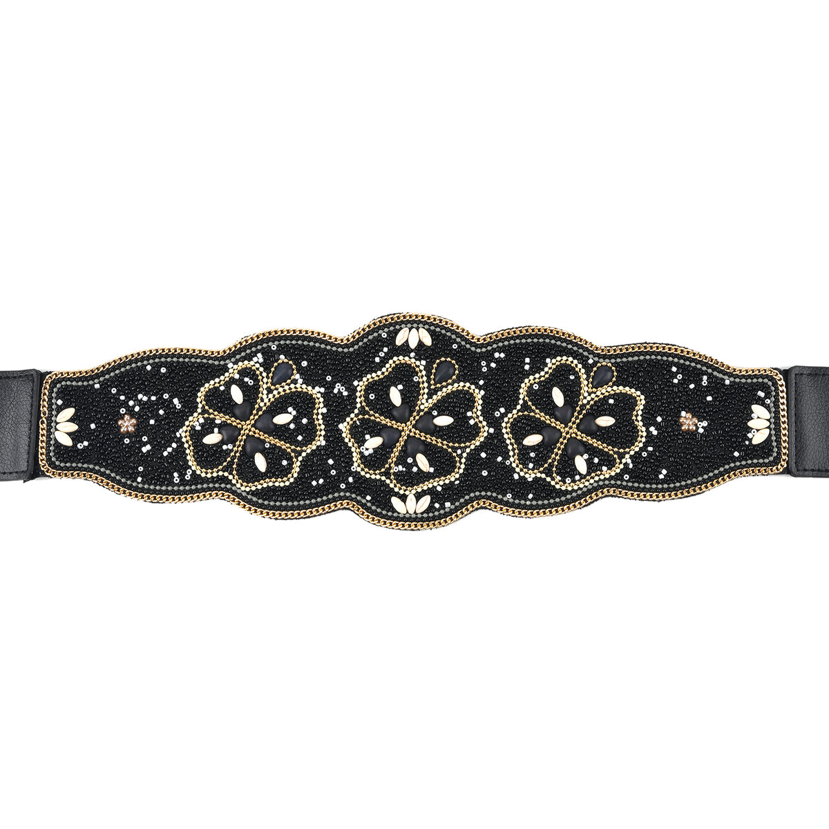 Vintage Multi-colour Stone Embellished Elasticated Stretch Waist Belt (100 cm) - Black, Gold &amp; White V32576220 6