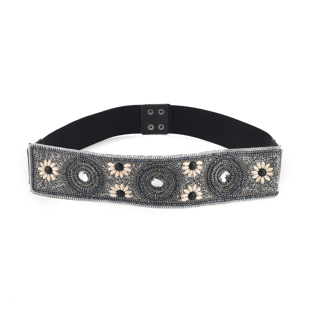 Vintage Multi-colour Stone Embellished Elasticated Stretch Waist Belt (100 cm) - Black &amp; White V32582375 0