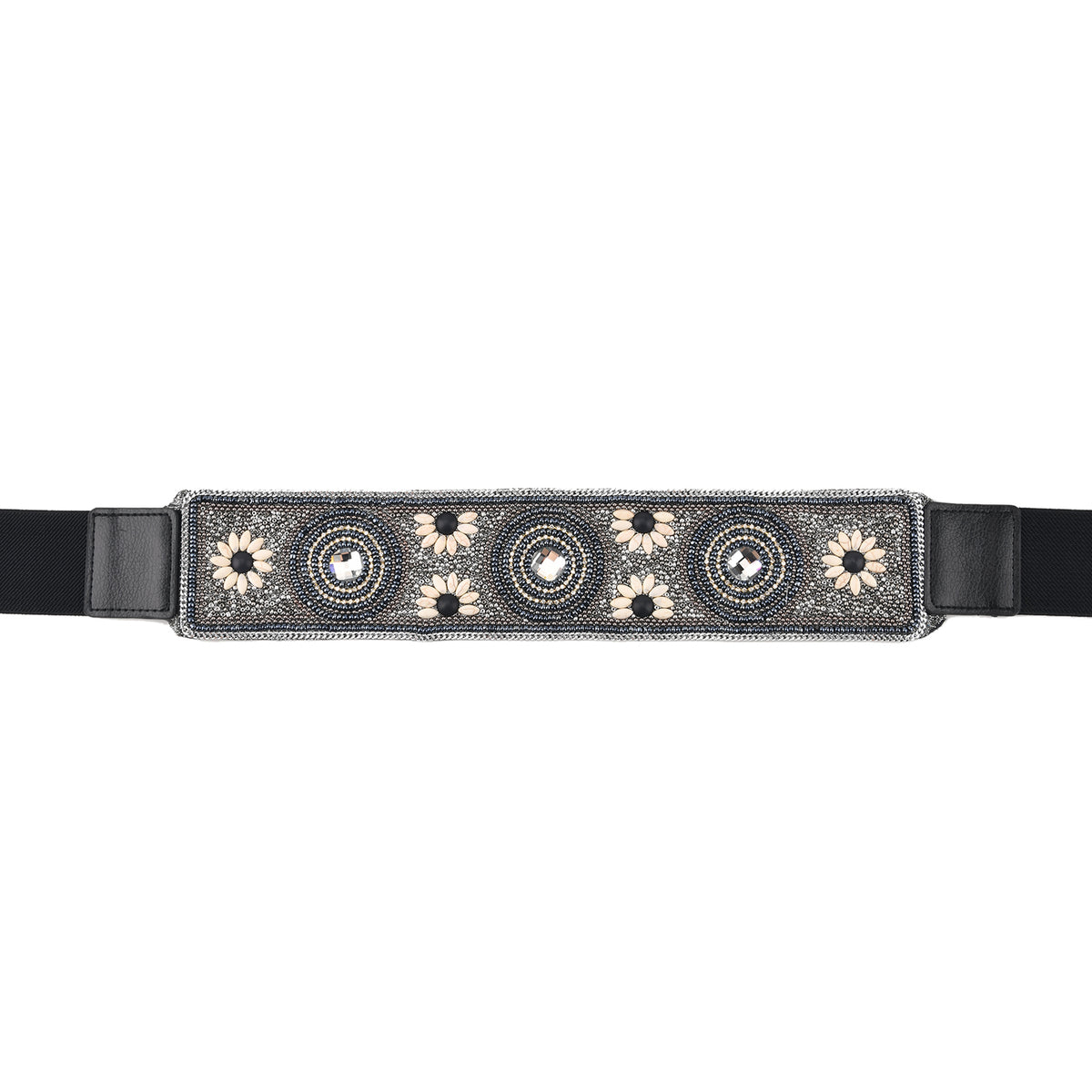 Vintage Multi-colour Stone Embellished Elasticated Stretch Waist Belt (100 cm) - Black &amp; White V32582375 6