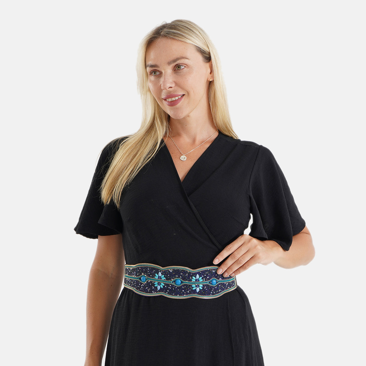 Vintage Multi-colour Stone Embellished Elasticated Stretch Waist Belt (100 cm) - Blue V32576740 3