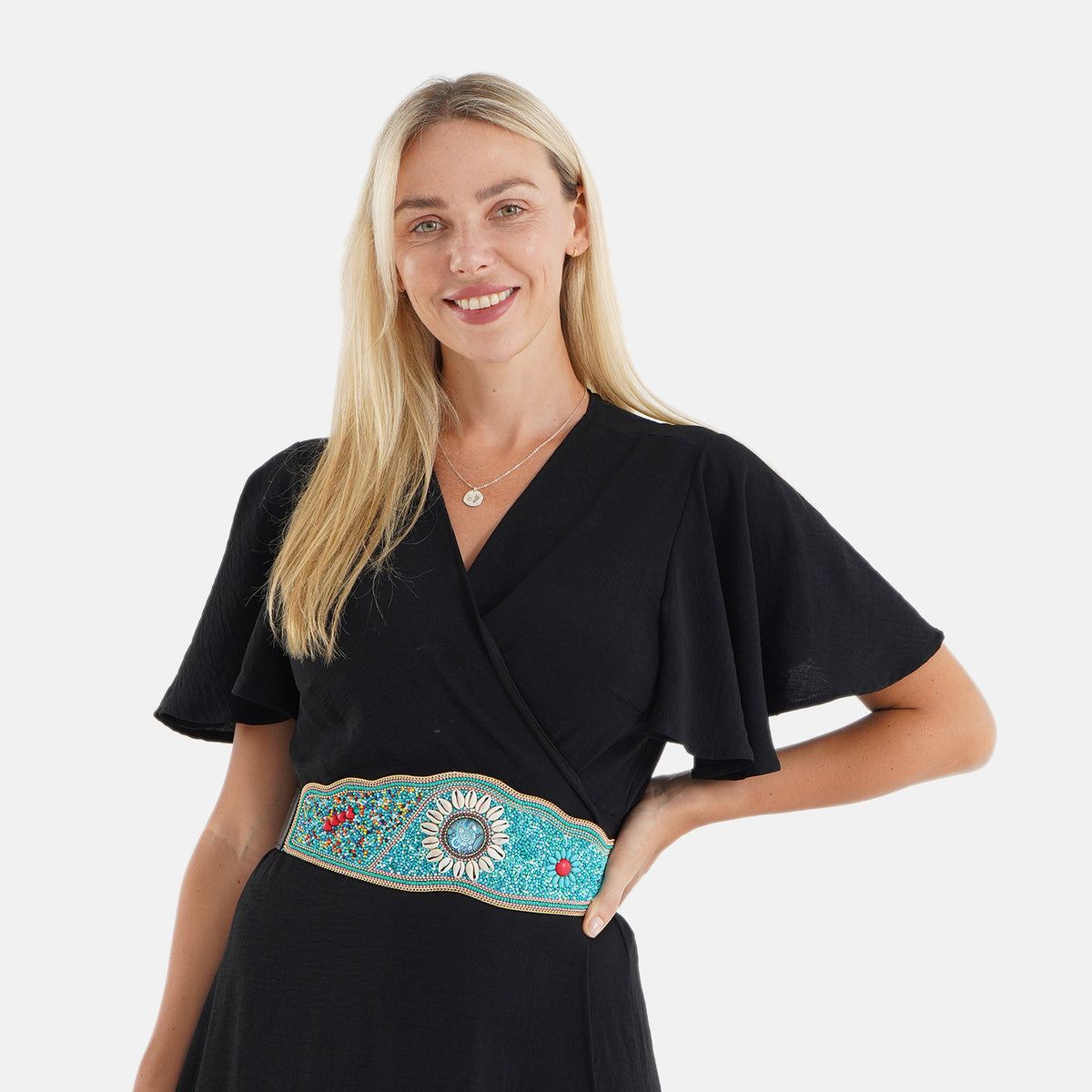 Vintage Multi-colour Stone Embellished Elasticated Stretch Waist Belt (100 cm) - Off White &amp; Blue V32576222 2