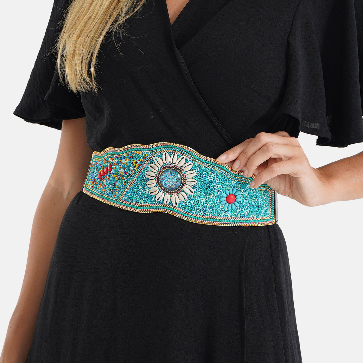 Vintage Multi-colour Stone Embellished Elasticated Stretch Waist Belt (100 cm) - Off White &amp; Blue V32576222 4