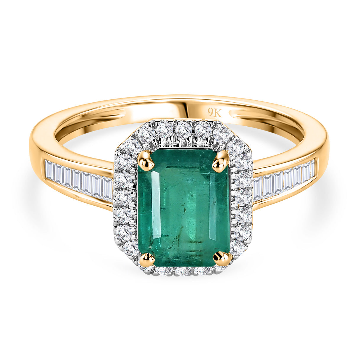MIDNIGHT SPECIAL - 9K Yellow Gold AAA Premium Zambian Emerald & White Diamond Halo Ring 1.87 Ct._8574967
