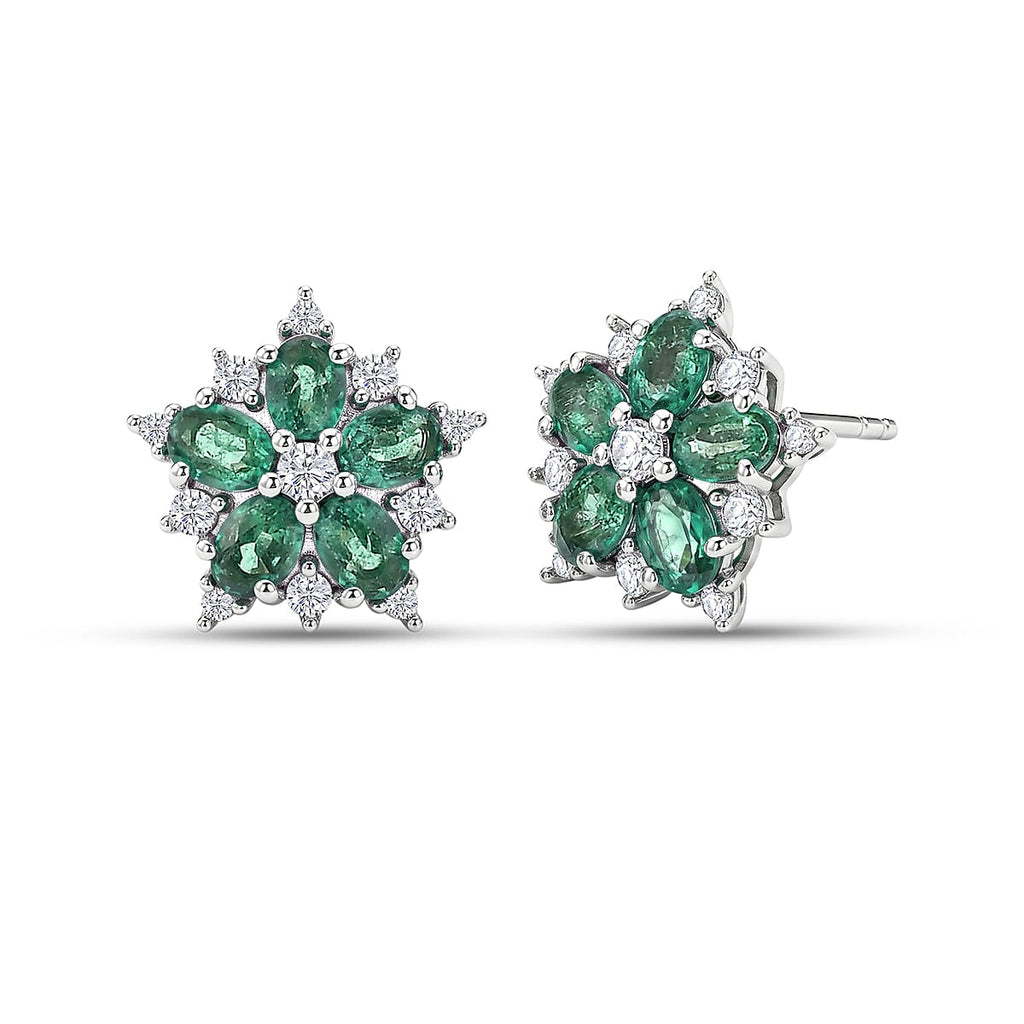 Luxuriant - AAA Premium Zambian Emerald & Lab Grown Diamond (SI/G-H) Floral Earring with Push Post in Rhodium Overlay Sterling Silver 1.90 Ct._8574984