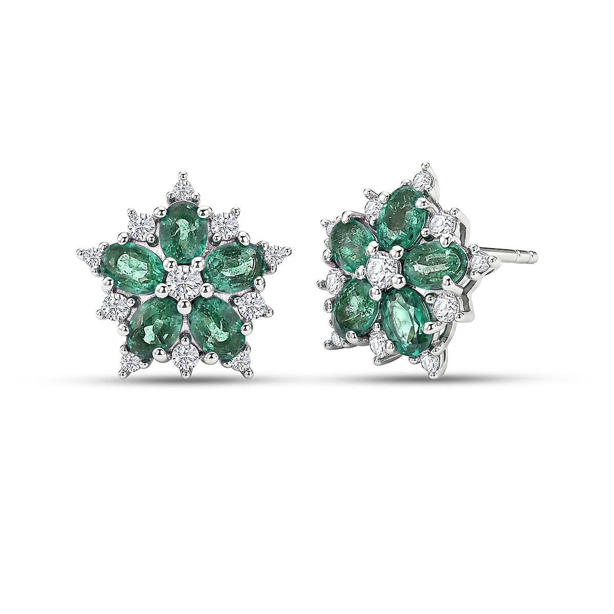 Luxuriant - AAA Premium Zambian Emerald &amp; Lab Grown Diamond (SI/G-H) Floral Earring with Push Post in Rhodium Overlay Sterling Silver 1.90 Ct. 8574984 0