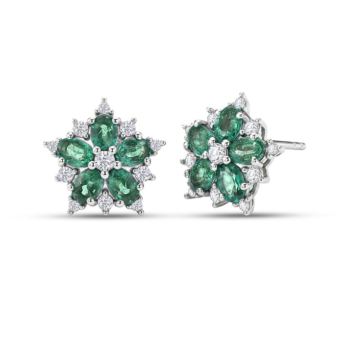 Luxuriant - AAA Premium Zambian Emerald &amp; Lab Grown Diamond (SI-G-H) Floral Earring with Push Post in Rhodium Overlay Sterling Silver 1.90 Ct. 8574984 1