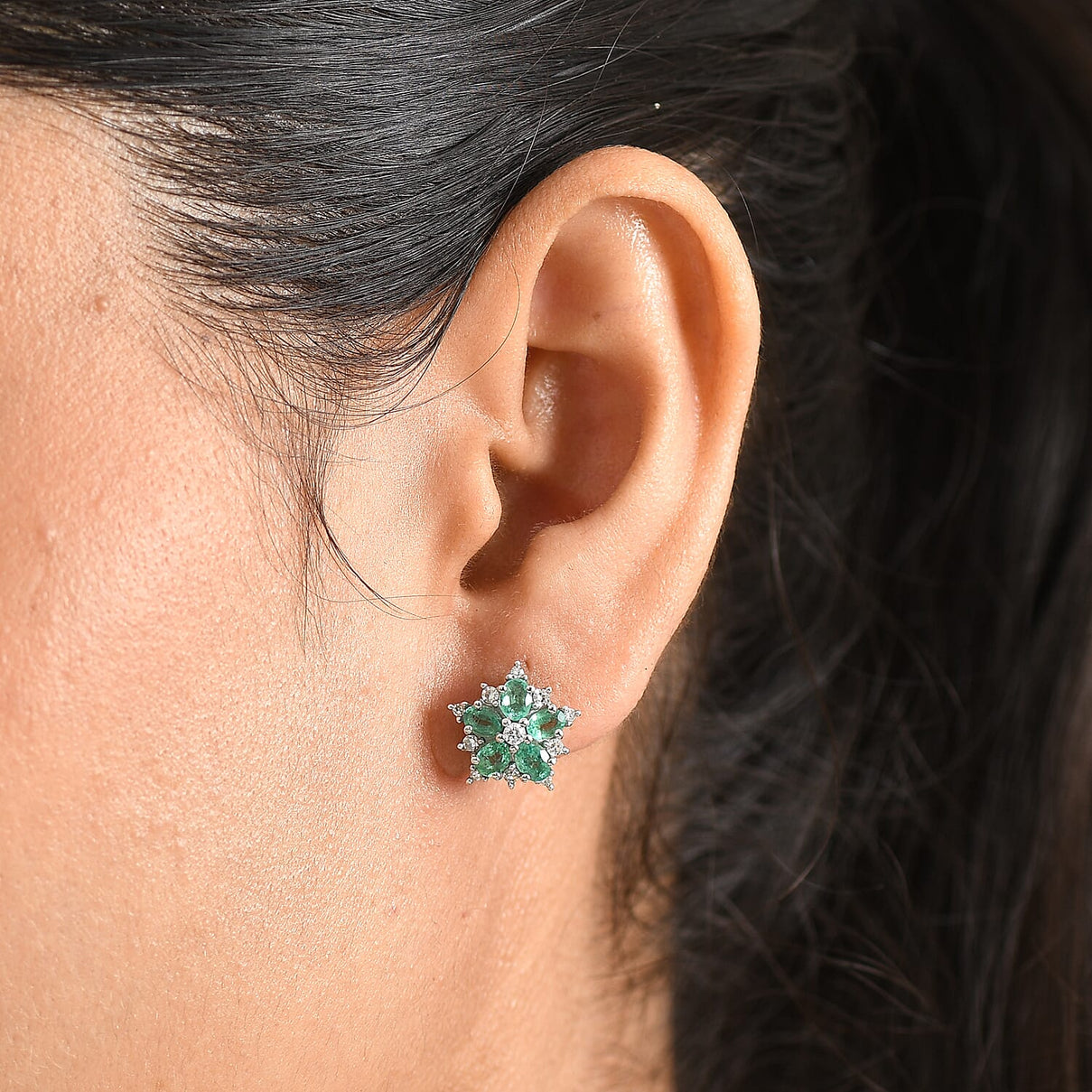Luxuriant - AAA Premium Zambian Emerald &amp; Lab Grown Diamond (SI/G-H) Floral Earring with Push Post in Rhodium Overlay Sterling Silver 1.90 Ct. 8574984 2