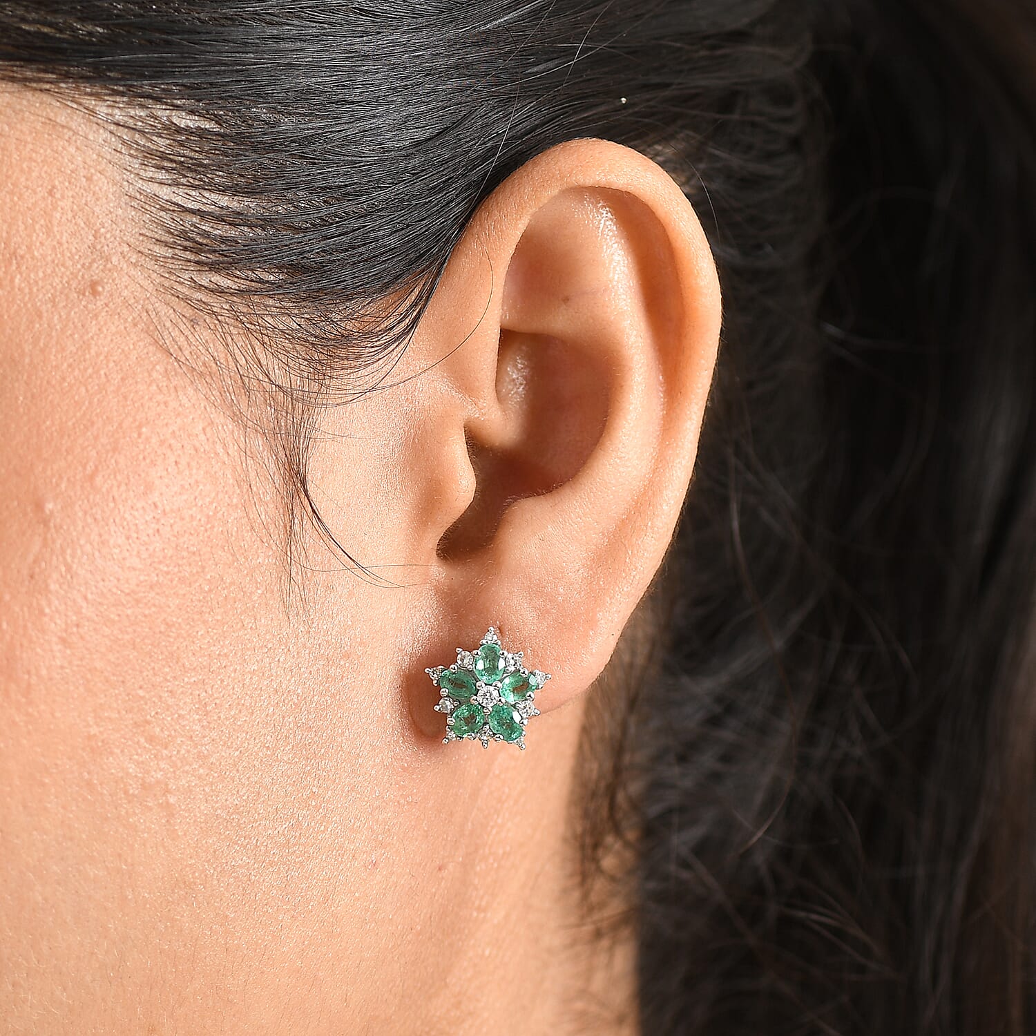 Luxuriant - AAA Premium Zambian Emerald &amp; Lab Grown Diamond (SI/G-H) Floral Earring with Push Post in Rhodium Overlay Sterling Silver 1.90 Ct. 8574984 2