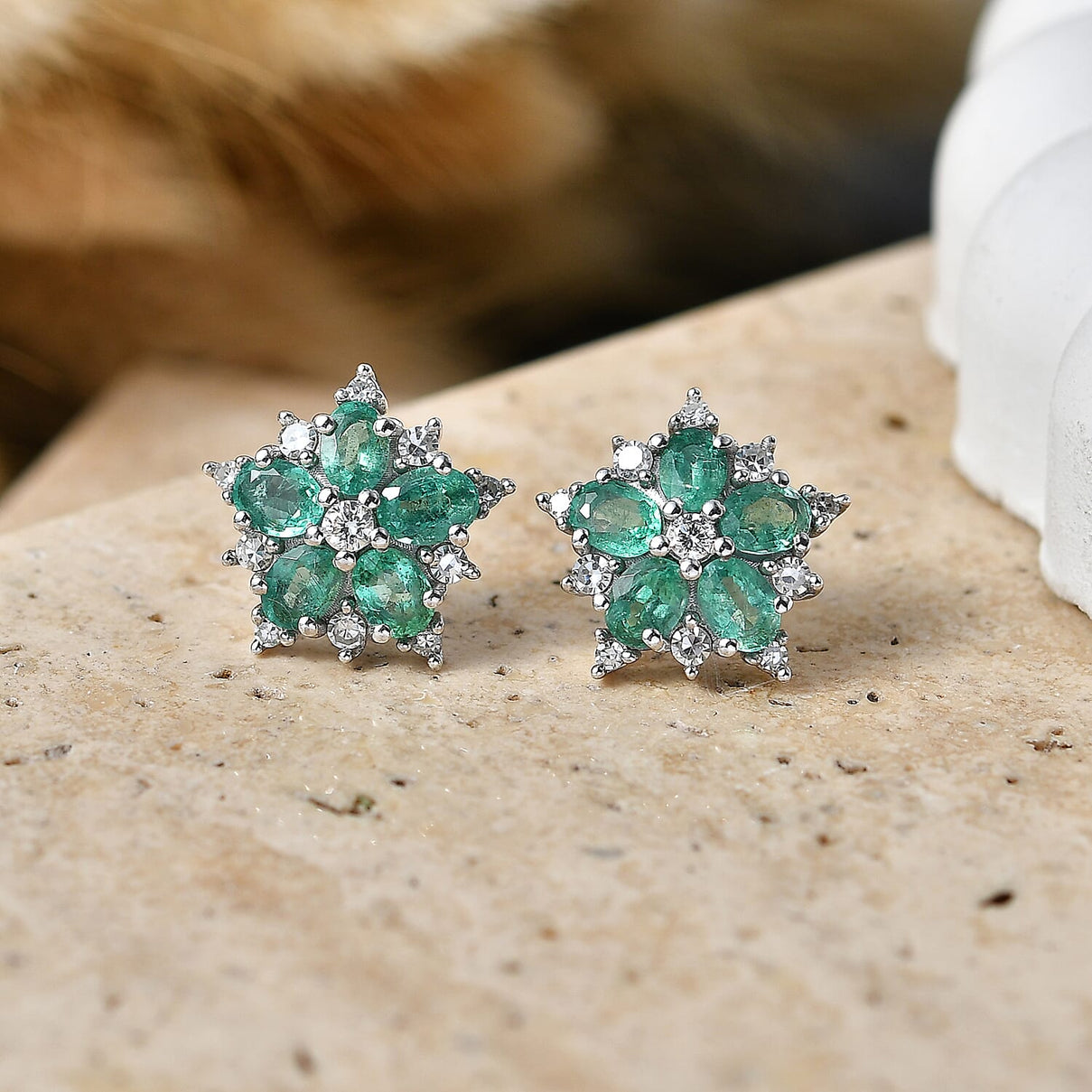 Luxuriant - AAA Premium Zambian Emerald &amp; Lab Grown Diamond (SI/G-H) Floral Earring with Push Post in Rhodium Overlay Sterling Silver 1.90 Ct. 8574984 3