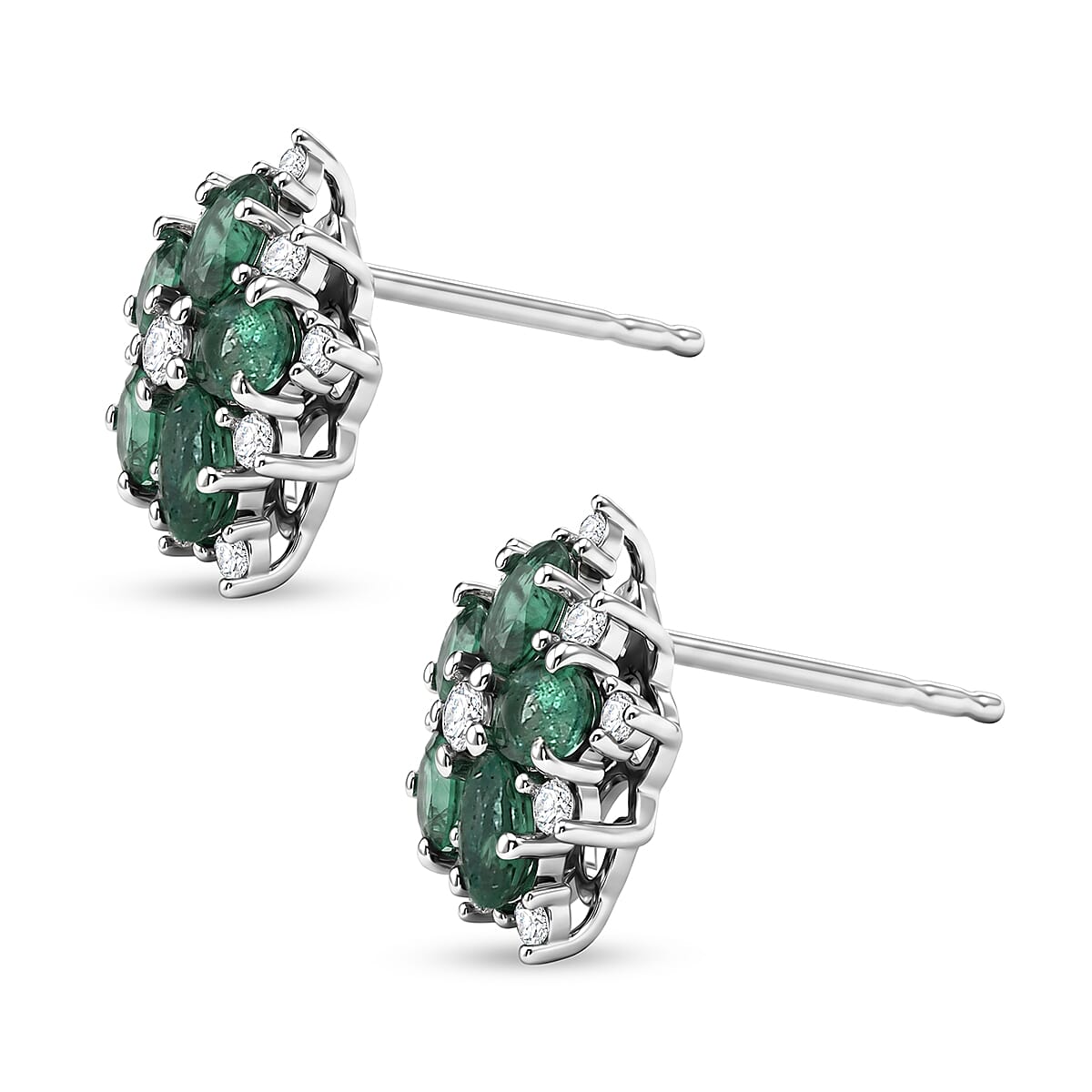 Luxuriant - AAA Premium Zambian Emerald &amp; Lab Grown Diamond (SI/G-H) Floral Earring with Push Post in Rhodium Overlay Sterling Silver 1.90 Ct. 8574984 4