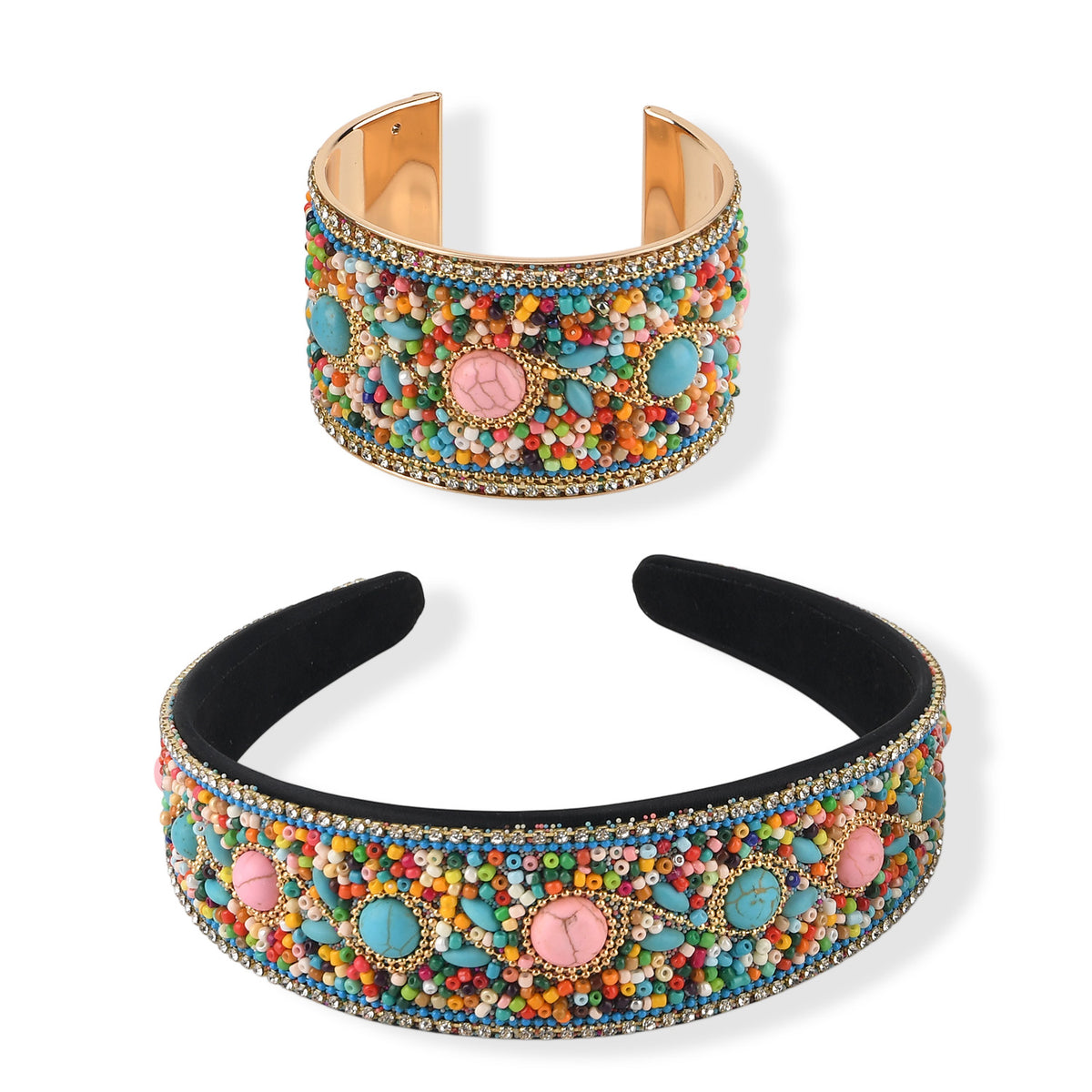 Set of 2 - Designer Inspired Turquoise Embellished Headband and Cuff Bracelet Set - Multi Colour V32565543 0