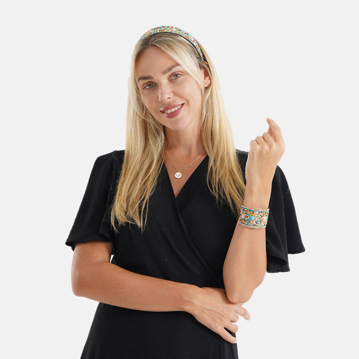 Set of 2 - Designer Inspired Turquoise Embellished Headband and Cuff Bracelet Set - Multi Colour 8574988 2