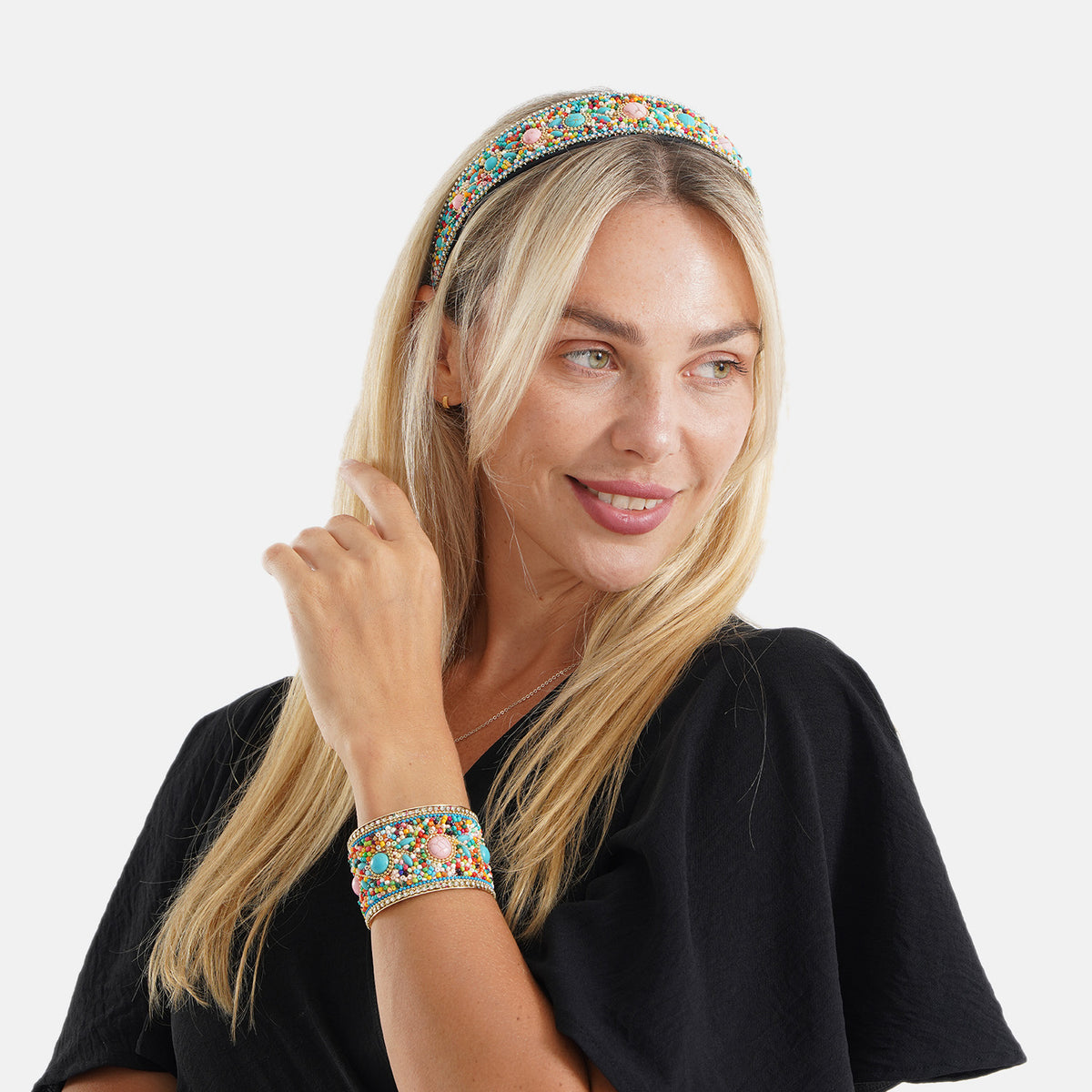 Set of 2 - Designer Inspired Turquoise Embellished Headband and Cuff Bracelet Set - Multi Colour V32565543 3