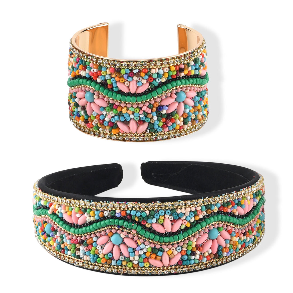 Set of 2 - Designer Inspired Multi-colour Stones Floral Embellished Headband and Cuff Bracelet Set_8575004