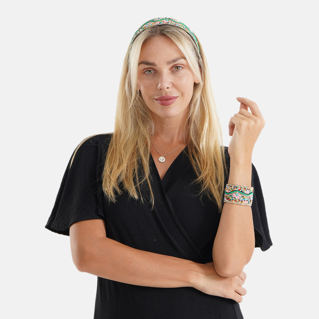 Set of 2 - Designer Inspired Multi-colour Stones Floral Embellished Headband and Cuff Bracelet Set_8575004_1