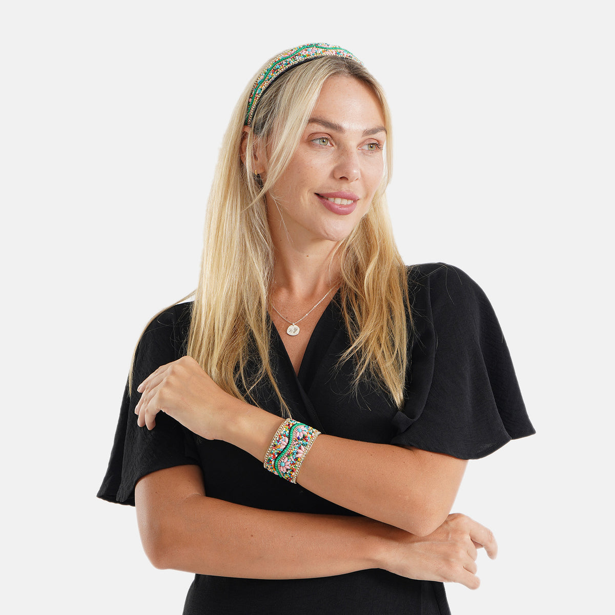 Set of 2 - Designer Inspired Multi-colour Stones Floral Embellished Headband and Cuff Bracelet Set V32622191 3
