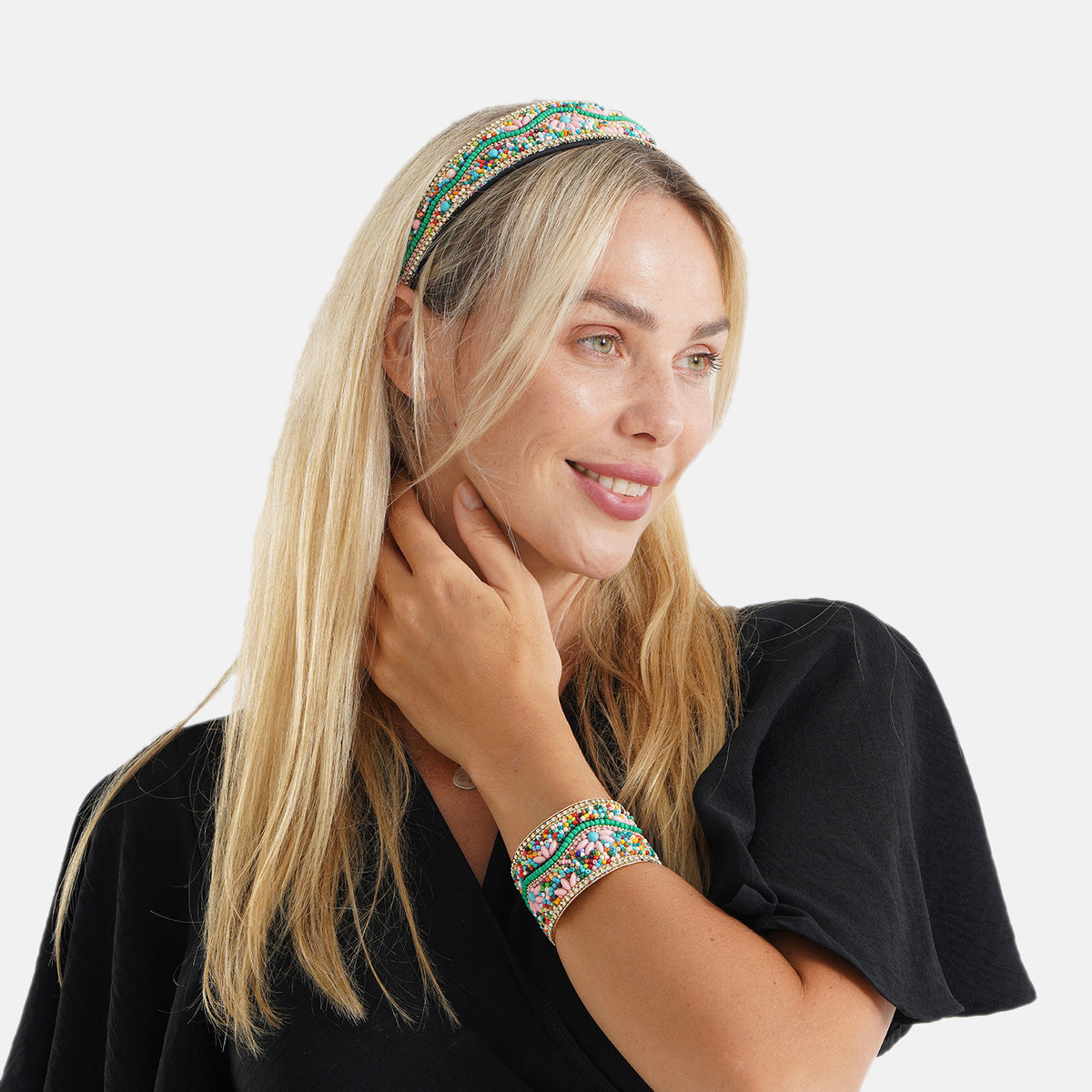 Set of 2 - Designer Inspired Multi-colour Stones Floral Embellished Headband and Cuff Bracelet Set V32622191 4