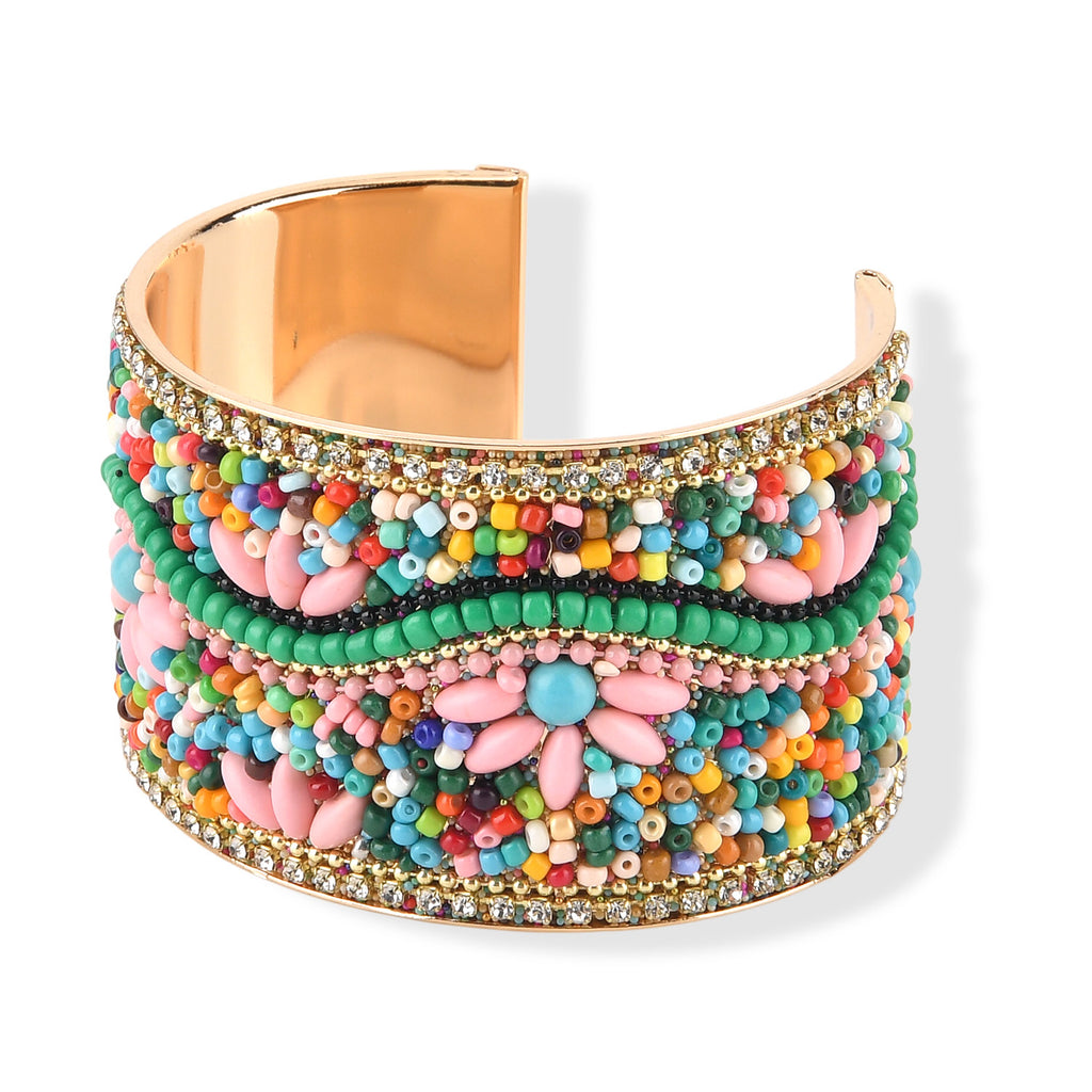 Set of 2 - Designer Inspired Multi-colour Stones Floral Embellished Headband and Cuff Bracelet Set_8575004_6