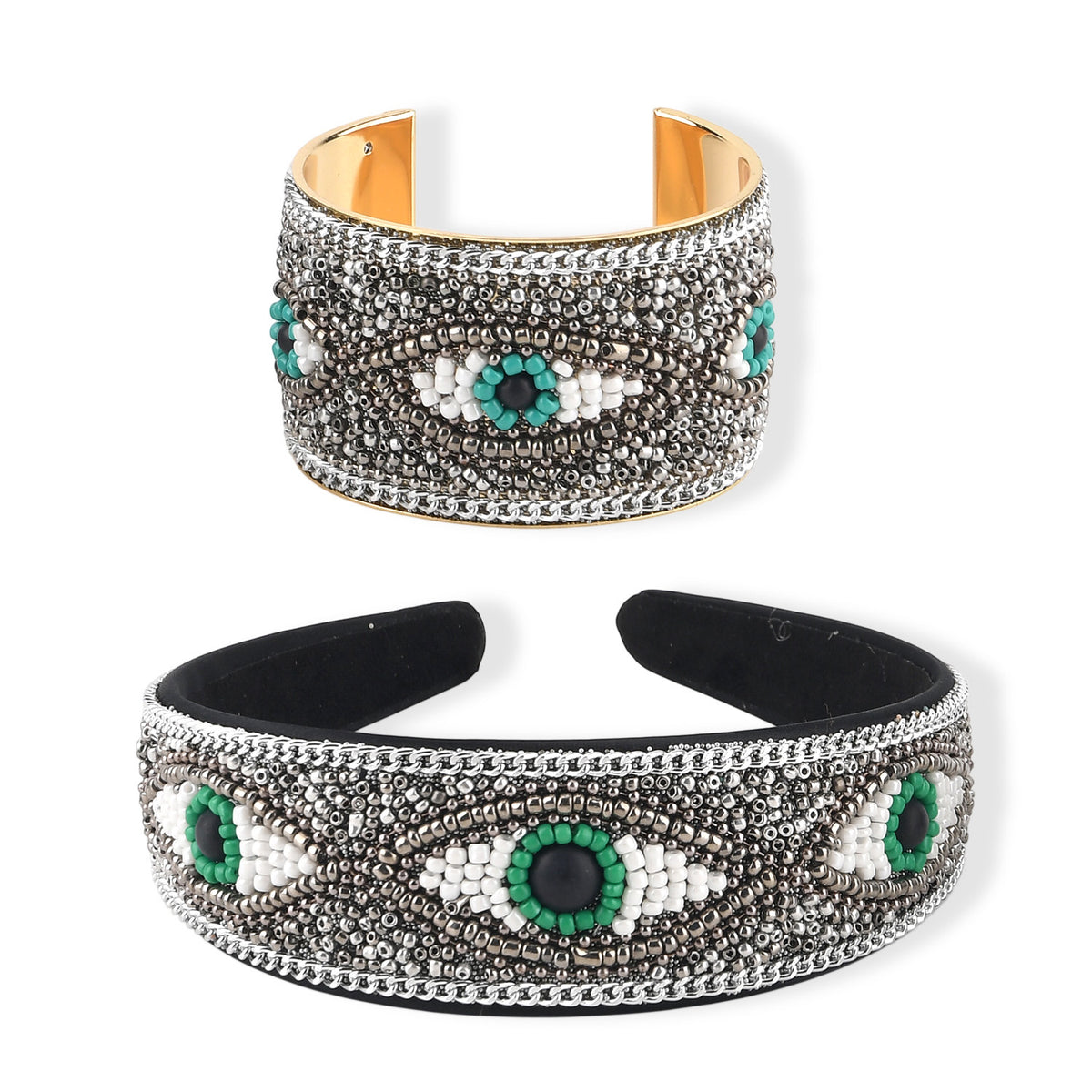 Set of 2 - Designer Inspired Eye Pattern Embellished Headband and Cuff Bracelet Set - Silver V32565296 0