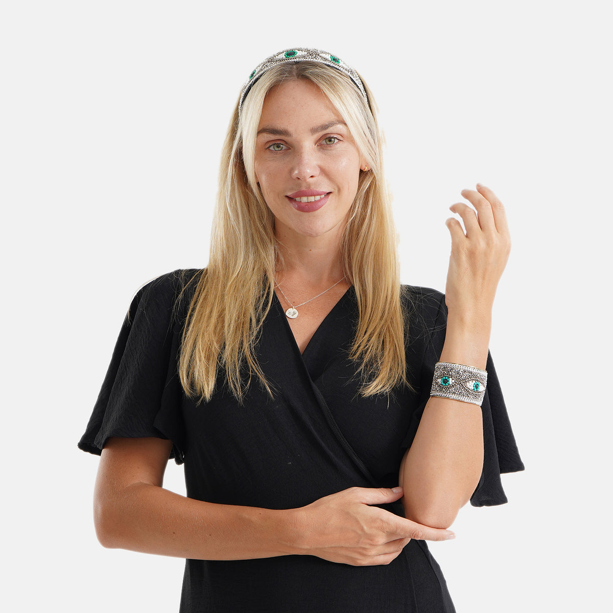 Set of 2 - Designer Inspired Eye Pattern Embellished Headband and Cuff Bracelet Set - Silver V32565296 2
