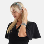 Set of 2 - Designer Inspired Eye Pattern Embellished Headband and Cuff Bracelet Set - Silver_8575005_2