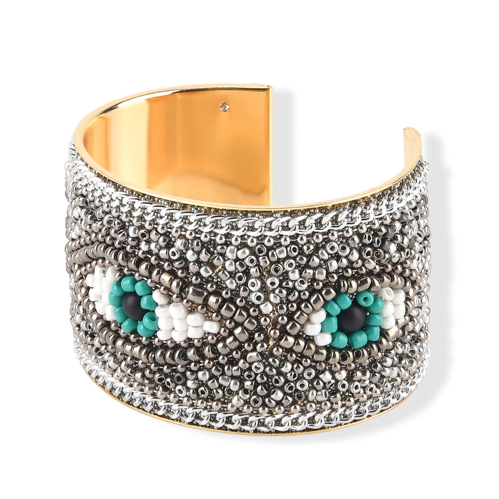 Set of 2 - Designer Inspired Eye Pattern Embellished Headband and Cuff Bracelet Set - Silver_8575005_6