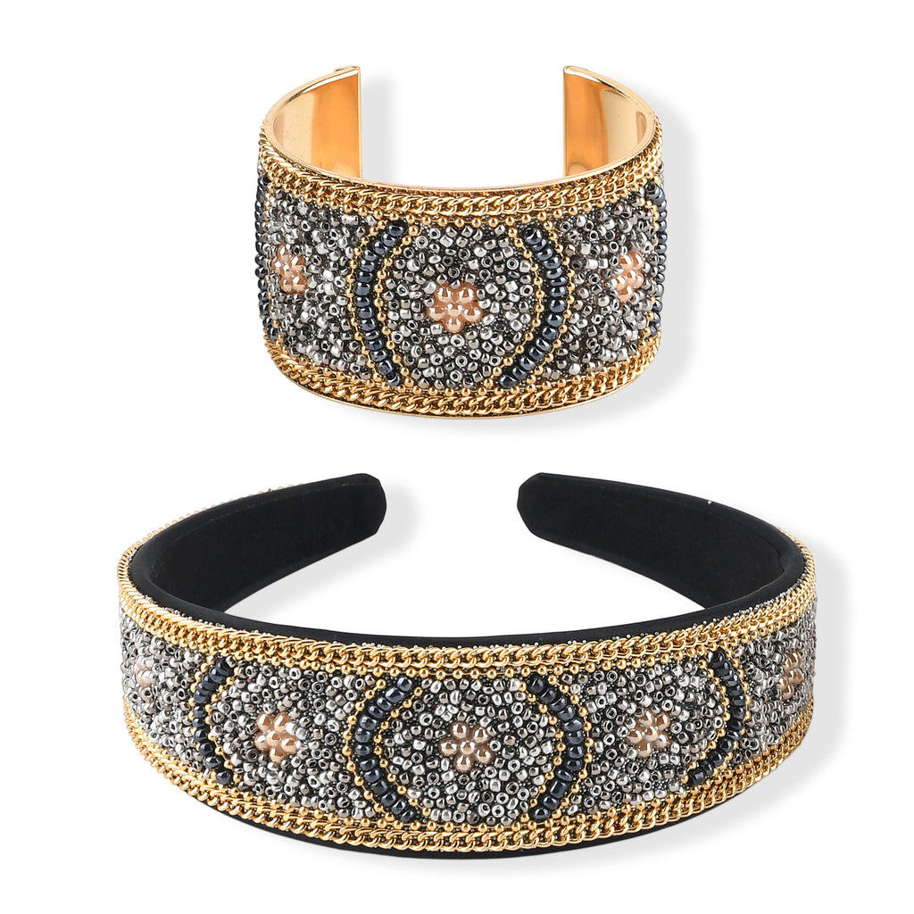 Set of 2 - Designer Inspired Floral Pattern Embellished Headband and Cuff Bracelet Set - Gold_8575015