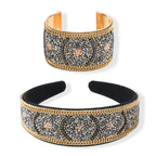 Set of 2 - Designer Inspired Floral Pattern Embellished Headband and Cuff Bracelet Set - Gold_8575015