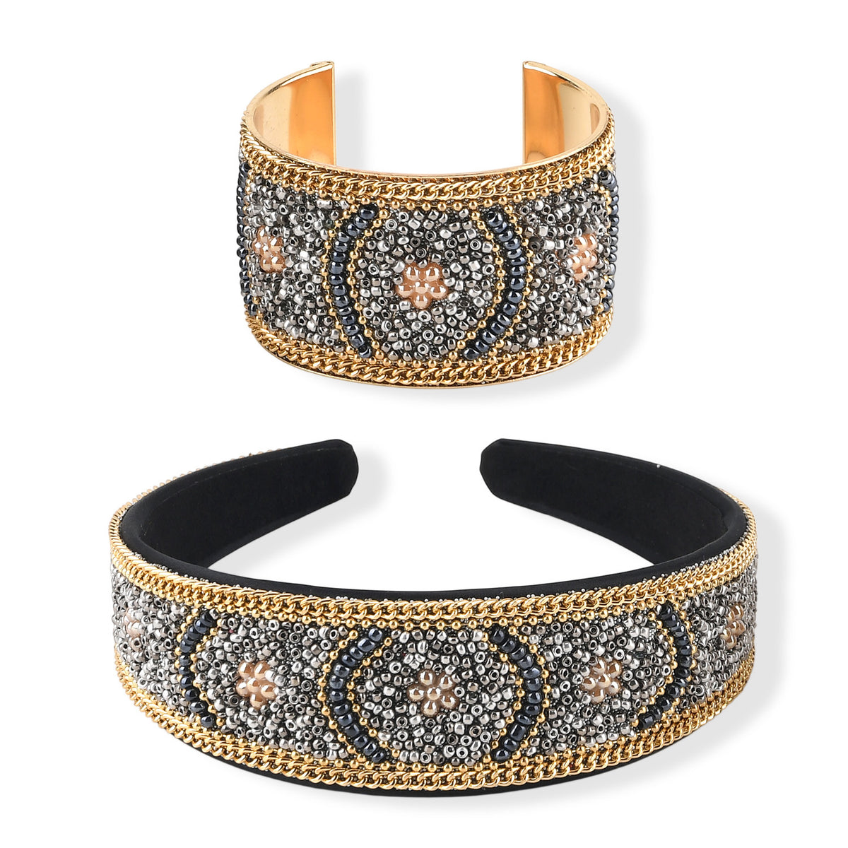 Set of 2 - Designer Inspired Floral Pattern Embellished Headband and Cuff Bracelet Set - Gold V32565775 0